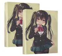1 and 1/2 Inch Notebook Binders 3 Ringed Cute Twin Tail Cute Anime Uniform with Pockets 2 Pack Office Binder Hardcover