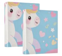 1 and 1/2 Inch Notebook Binders Round Rings Cute Cartoon White Rainbow Unicorns with Interior Pockets 2 Pack Assorted Binders Hardcover