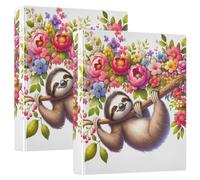 1 and A Half Inch Binders 3 Ring 2 Pack, Cute Sloth Colorful Flowers Decorative Cute Binder with Anti-Slip Clip, Basic Binder Notebook for School Supplies