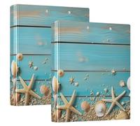 1 and A Half Inch Binders 3 Ring 2 Pack, Starfish Shells Turquoise Round Ring Binder with Anti-Slip Clip, Versatile Binders for School Supplies