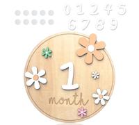 1 Baby Milestone Cards with 0-9 Digits - Wooden Round Baby Monthly Milestone Cards - 3D Multi-Color Daisy - 10 Adhesives - New Mom Gift Newborn Growth (Wood Color)