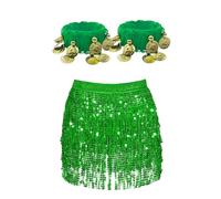1 Belly Dance Skirt And 1 Pair Of Belly Dance Bracelets, Dance Performance Clothing, Belly Dance Costumes, Sequin Fringe Skirt
