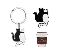 1 Black and White Back Cat Keychain and 2 Brooches, Coffee Cup and Cat Theme, Minimalist Style Pendant, Healing Bag Decoration.