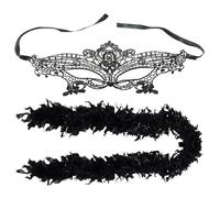 1 black feather strip and 1 lace eye mask, feather boa, feather python strip in black, suitable for birthday parties, festivals, and daily wear