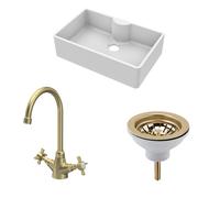 1 Bowl Fireclay Butler Sink with Tap Ledge, Waste & Mono Tap, 795mm - Brushed Brass