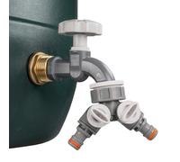 1" Brass Metal Lever Water Butt Replacement Tap with Quick Hosepipe Outlet - Durable Bib Tap for Garden Watering and Irrigation Systems (Grey tap + valved Splitter)