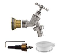 1" Brass Water Butt Installation Kit With Nickel Plated Barbed Hose Tap Ptfe Tape And 34mm Hss Hole Saw
