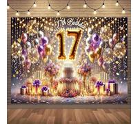 1 bright background fabric for celebrating the 17th birthday - including balloons, candles and gifts - birthday decoration made of polyester 200x140CM