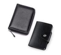 1 Credit Card Holder RFID Blocking PU Leather Wallet with Zipper and 1 Soft Leather Card Case Card Organizer with 12 Insert Sleeves for Women Men, Black, Black, Classic