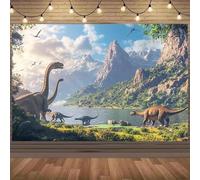 1 dinosaur backdrop with majestic mountains, calm water surfaces, and flying birds - realistic dinosaurs 440x300CM