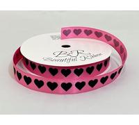 1 Full Roll Reel of 15mm Black and Bright Pink Love Heart Print Satin Ribbon x 25 metres Valentine Love Hearts 15 mm 1.5cm