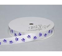 1 Full Roll Reel of 15mm White with Dark Purple Paw Print Satin Ribbon x 25 metres Dog Cat Pet 15 mm 1.5cm