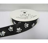 1 Full Roll Reel of 25mm Black with White Paw Print Satin Ribbon x 25 metres Dog Cat Pet 25 mm 2.5cm