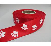 1 Full Roll Reel of 25mm Bright Red with White Paw Print Satin Ribbon x 25 metres Dog Cat Pet 25 mm 2.5cm