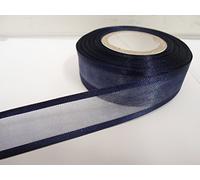 1 Full Roll Reel of 25mm Edged Organza Ribbon x 25 metres Navy Dark Blue Double Sided Satin Edge Sheer 25 mm 2.5cm
