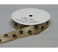 1 Full Roll Reel of 25mm Light Gold with Black Paw Print Satin Ribbon x 25 metres Dog Cat Pet 25 mm 2.5cm