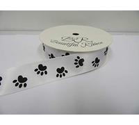 1 Full Roll Reel of 25mm White with Black Paw Print Satin Ribbon x 25 metres Dog Cat Pet 25 mm 2.5cm