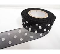 1 Full Roll Reel of 25mm x 20 metres Sheer Organza Ribbon Black with White Polka dot Spots 25 mm 2.5cm