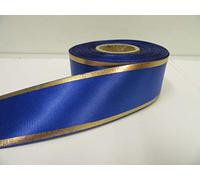 1 Full Roll Reel of 38mm Satin Ribbon x 20 metres Dark Royal Blue with Rustic Metallic Gold Tram Tramlines Stripes Lines 38 mm 3.8cm