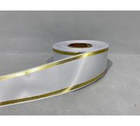 1 Full Roll Reel of 38mm Satin Ribbon x 20 metres White with Rustic Metallic Gold Tram Tramlines Stripes Tram Lines 38 mm 3.8cm