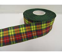 1 Full Roll Reel of 38mm x 25 metres Tartan Ribbon Red Yellow & Green with White Stripe Double Sided BUCHANNAN 38 mm 3.8cm