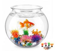 1 Gallon Round Plastic Fish Bowl Set, Crystal Clear Plastic Aquarium for Fish with 5 Decorative Plants and 8.8oz Colorful Stones, Small Fish Tank for Home Decoration