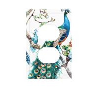1 Gang Light Switch Cover Duplex Outlet Wall Plate, Beautiful Peacock Retro Blue Bird Elegant Feather Unbreakable Thermoplastic Faceplate for Bathroom Bedroom Decor