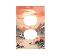 1 Gang Light Switch Cover Duplex Outlet Wall Plate, Japanese Style Mountain River Pink Painting Unbreakable Thermoplastic Faceplate for Bathroom Bedroom Decor