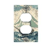 1 Gang Light Switch Cover Duplex Outlet Wall Plate, Nautical Map Clipper Ship Rose Ocean Unbreakable Thermoplastic Faceplate for Bathroom Bedroom Decor