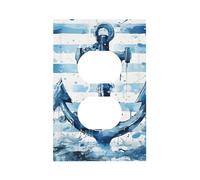 1 Gang Light Switch Cover Duplex Outlet Wall Plate, Nautical Theme Anchor Blue White Stripe Unbreakable Thermoplastic Faceplate for Bathroom Bedroom Decor
