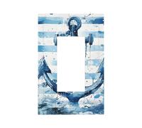 1 Gang Light Switch Cover Single Rocker Decorative Wall Plate, Nautical Theme Anchor Blue White Stripe Unbreakable Thermoplastic Faceplate for Bathroom Bedroom Decor