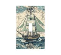 1 Gang Light Switch Cover Single Toggle Wall Plate, Nautical Map Clipper Ship Rose Ocean Unbreakable Thermoplastic Faceplate for Bathroom Bedroom Decor
