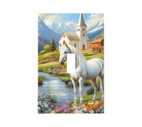 1 Gang Light Switch Cover Single Toggle Wall Plate, White Horse Church Village River Unbreakable Thermoplastic Faceplate for Bathroom Bedroom Decor