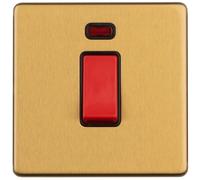 1 Gang Single 45A DP Cooker Switch & Neon SCREWLESS SATIN BRASS Slim Rocker