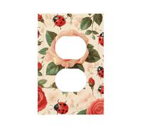 1 Gang Single Duplex Outlet Wall Plate Decorative Switchplate, Red Ladybugs Pink Roses Light Switch Cover for Bedroom Living Room Decor