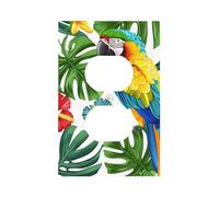 1 Gang Single Duplex Outlet Wall Plate Decorative Switchplate, Tropical Bird Parrot Jungle Botanical Plant Hibiscus Palm Light Switch Cover for Bedroom Living Room Decor