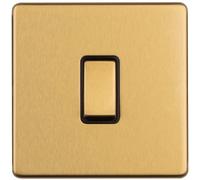 1 Gang Single Light Switch SCREWLESS Satin Brass 2 Way 10A Metal Rocker Slim - Decorative Kitchen Living Room Bedroom Plate