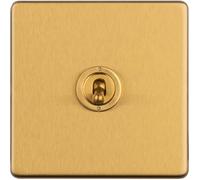 1 Gang Single Retro Toggle Light Switch SCREWLESS Satin Brass 10A 2 Way Lever - Classic Vintage Style Flick Lever Wall Plate
