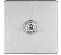 1 Gang Single Retro Toggle Light Switch SCREWLESS SATIN STEEL 10A 2 Way Lever