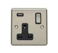 1 Gang Single UK Plug Socket & 2.1A USB Charger SATIN STEEL & Black 13A Switched