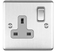 1 Gang Single UK Plug Socket SATIN STEEL 13A Switched Grey Trim Power Outlet