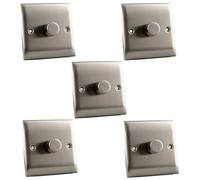 1-Gang Trailing Edge LED Dimmer Switch - Brushed Chrome Slim Edge - 2-100W LED / 10-250W Halogen - Rotary or Push On/Off - Stainless Steel Wall Plate - Modern Flat Design (Pack in 5)