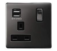 1 Gang USB Switch Socket 13A Twin Port Black Nickel Single Plug Wall Outlet N501GME