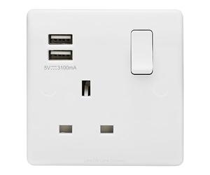 1 Gang USB Switch Socket 13A Twin Port White Single Plug Wall Outlet USBW1S