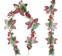 1 Garland Artificial Poettia Christmas Flowers Red Artificial Berries with Pine Cones for Outdoor Holiday Winter Door Table Centerpiece 6FT