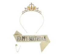 1 Gold Crown Tiara, 1 Happy Birthday Strap, Birthday Party Accessories, Happy Birthday Etiquette Strap, Birthday Crown Strap Set