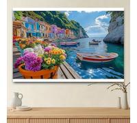 1 Gorgeous Style Port Ship and Flower Background - Vibrant Coastal Landscape with Colorful Houses Boats and Blooming FlowersL