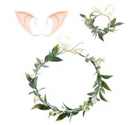 1 Green Flower Crown, 1 Green Flower Bracelet And 1 Pair Of Elf Ears, Leaf Garland, Flower Headband, Girl Hair Accessories.