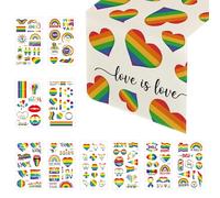 1 Heart Rainbow Tablecloth, 10 Rainbow Face Stickers, Pride Party Tablecloth, Colorful Striped Table Runner, Long Table Runner, Party Table Decoration