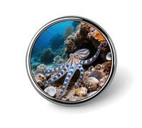 1 Inch Custom Blue - Ringed Octopus Lapel Pins for Suits Funny Brooches for Men Women Vintage Pin Badges for Bags Jackets Backpacks Hats Button Badge Collection Gifts-Round